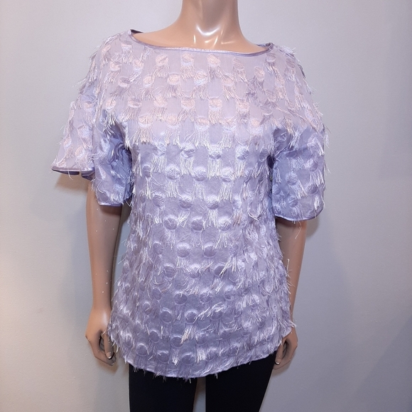 BANANA REPUBLIC Eyelash Fringe Top Sheer Lavender Short Bell Sleeve Satin Blouse - Picture 2 of 9